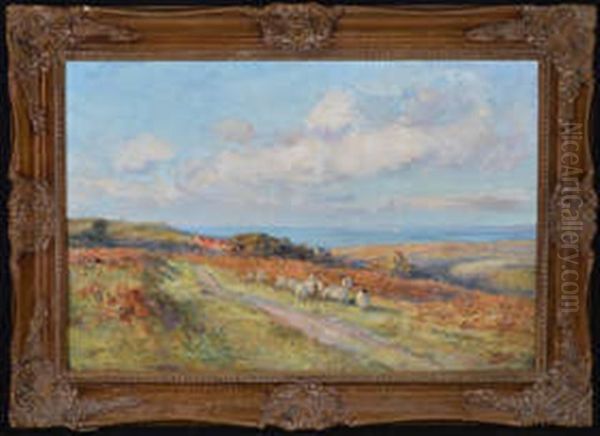 Sheep On A Moorland Track Overlooking The Sea Oil Painting by Robert Jobling