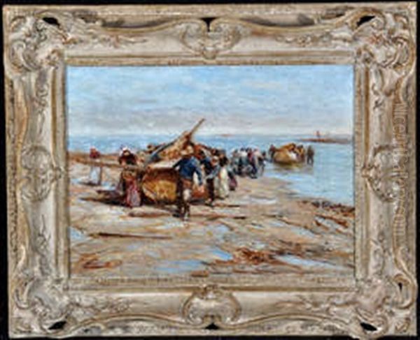 Yorkshire Fisherfolk Hauling Cobles Onto A Beach by Robert Jobling