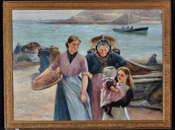 Fisherwomen On The Shore Oil Painting by Robert Jobling