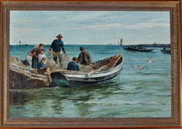 Mending The Nets Oil Painting by Robert Jobling