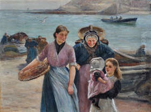 Fisherwomen On The Shore Oil Painting by Robert Jobling