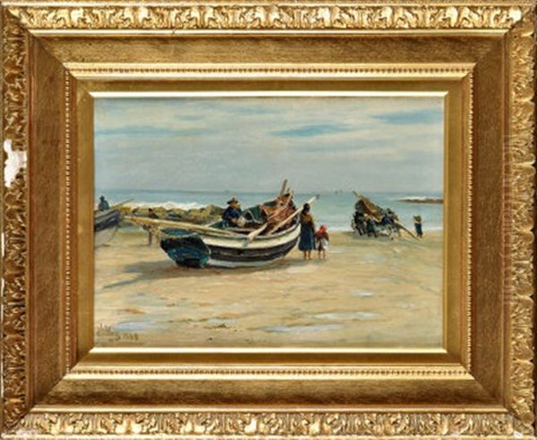 Launching Cobles At Cullercoats Oil Painting by Robert Jobling