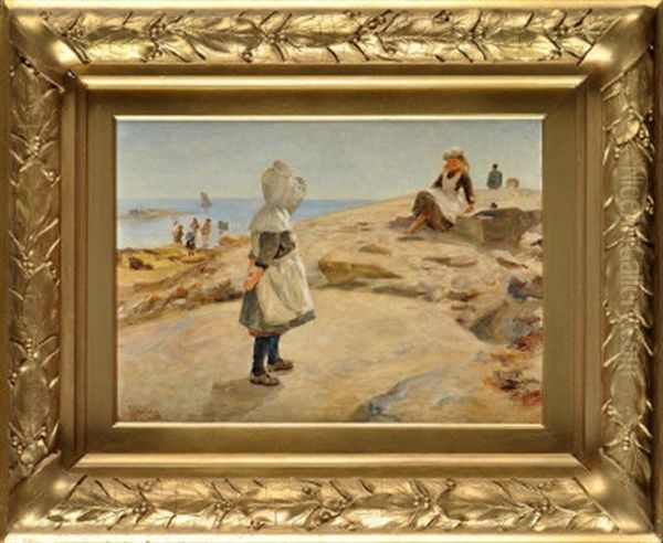 Fishergirls At Cullercoats Oil Painting by Robert Jobling