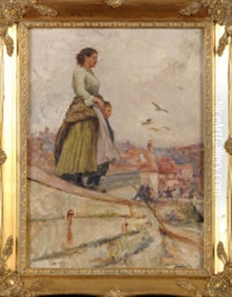 A Fishergirl And Boy Looking Out To Sea From The Pier At Staithes, North Yorkshire Oil Painting by Robert Jobling