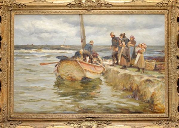 Landing The Catch - A Yorkshire Fishing Scene by Robert Jobling