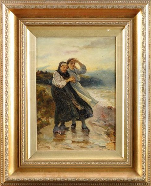 Waiting For The Fleet's Return - Two Cullercoats Fisherwomen On A Stormy Shore Oil Painting by Robert Jobling