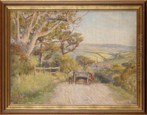 A Horsecart On A Country Lane Descending Towards A North Yorkshire Village Oil Painting by Robert Jobling