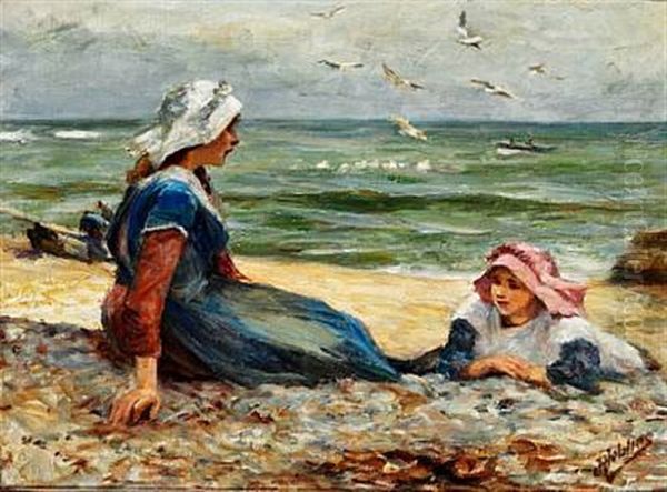 Two Girls On A Beach Oil Painting by Robert Jobling