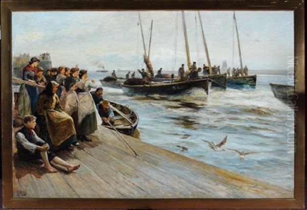 On The Quay - North Shields Fisherwomen Greeting The Arrival Of The Fishing Fleet Oil Painting by Robert Jobling