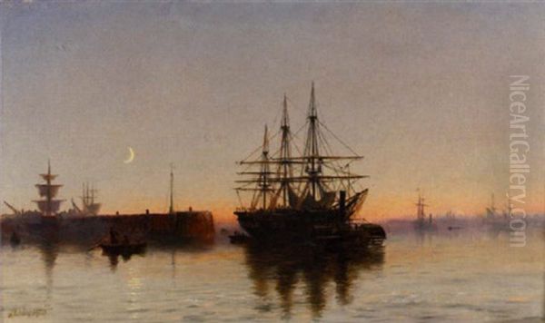 Shipping Off A Jetty At Dusk Oil Painting by Robert Jobling