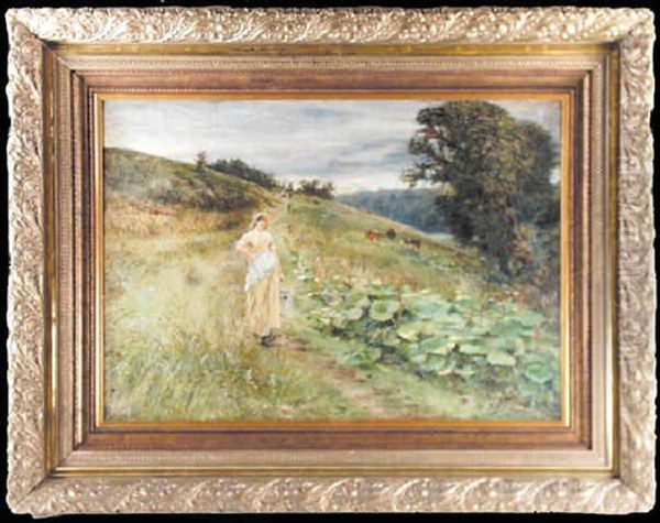 Milkmaid In Landscape Oil Painting by Robert Jobling