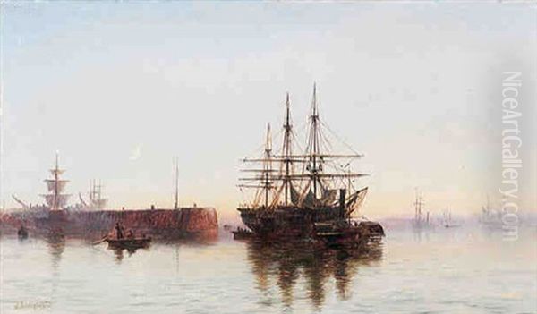 Shipping Off A Jetty At Dusk Oil Painting by Robert Jobling