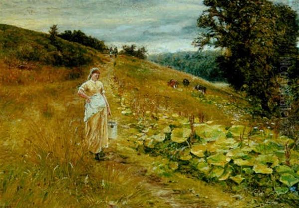 A Rolling Landscape With A Milkmaid By Dock Leaves Oil Painting by Robert Jobling