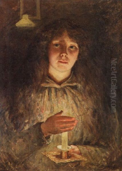 Young Girl With Candlelight Oil Painting by Robert Jobling