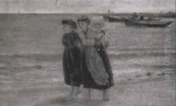 Cullercoats Fishwives On The Beach Oil Painting by Robert Jobling