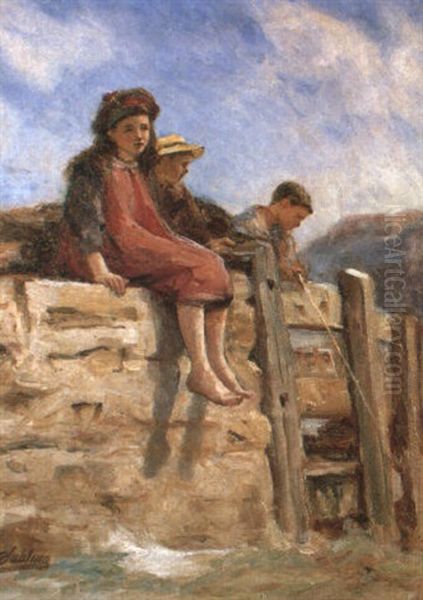 Sunshine- Children Sitting On A Wall Oil Painting by Robert Jobling