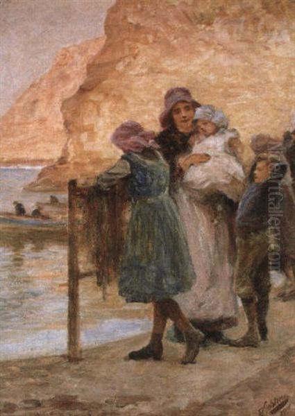 Women And Children At Staithes Oil Painting by Robert Jobling