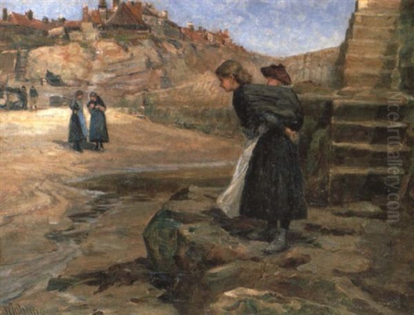 Cullercoats Beach- Fishwives By The Breakwater At Low Tide Oil Painting by Robert Jobling