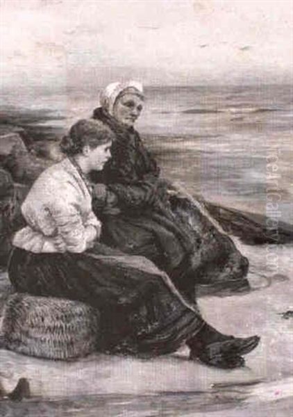 Old Betty Laidler And Mary Lisle, Cullercoats Oil Painting by Robert Jobling