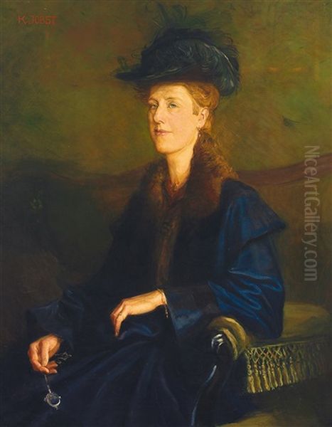 Halbfigurliches Portrait Einer Dame In Pelzverbramtem Kleid Mit Lorgnon In Der Rechten Oil Painting by Karl Jobst