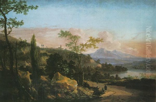 An Italianate River Landscape At Sunset With Figures On A Track Oil Painting by Hans De Jode