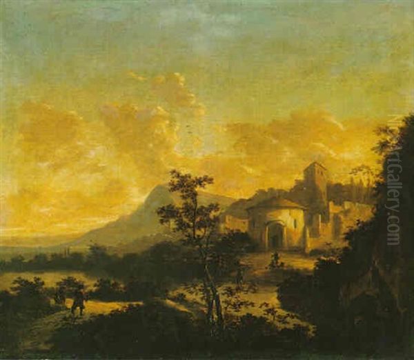 Italianate Landscape With Huntsmen, A Fortified House Beyond Oil Painting by Hans De Jode