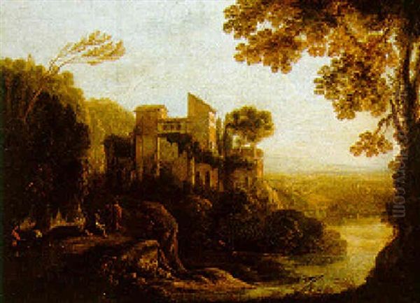 An Italiante River Landscape With Figures Resting On A Track By A Villa Oil Painting by Hans De Jode