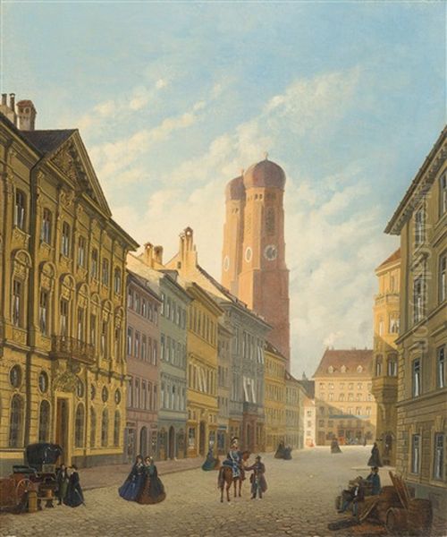 Die Promenadestrase Mit Der Frauenkirche In Munchen Oil Painting by Ferdinand Jodl