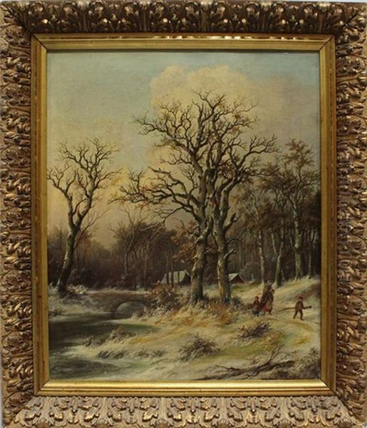 Winterlandschaft Mit Familie An Einem Zugefrorenem Flusslauf by Hermann Heinrich Johann