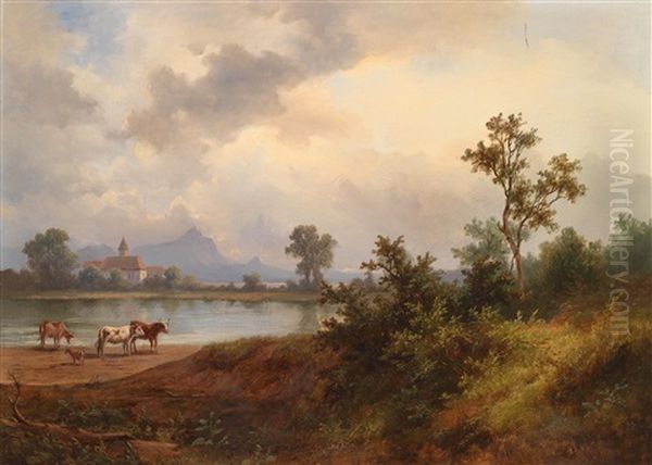 Voralpenlandschaft Mit Einer Am Wasser Gelegenen Kapelle Oil Painting by Hermann Heinrich Johann