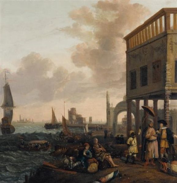 A Mediterranean Harbour View With Figures Oil Painting by Hendrik Johannes