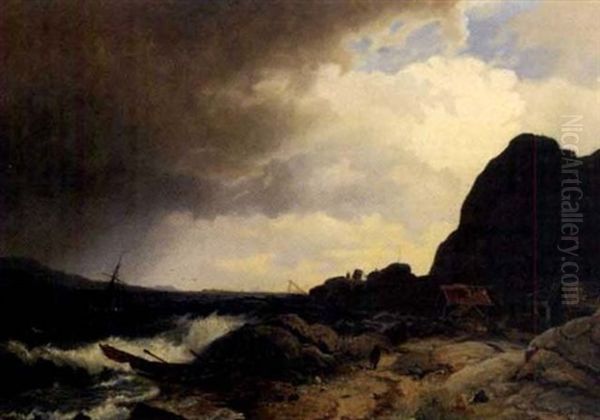 Kystlandskap Med Laksetrapp Og Sjoboder Oil Painting by Nils Andreas Johannesen