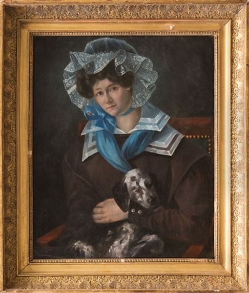 Jeune Femme Elegante Tenant Son Chien Sur Ses Genoux Oil Painting by Alfred Johannot