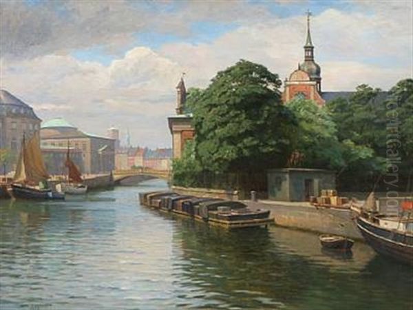 Scene From Copenhagen With A View Towards Slotsholmen And Holmens Church Oil Painting by Axel Johansen