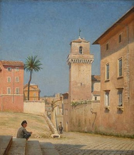 Boy On A Staircase In Italy Oil Painting by Axel Johansen