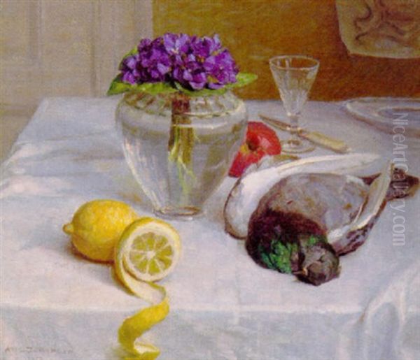 Nature Morte Med Tyrkerdue, Citroner Og Buket Af Violer I En Vase Oil Painting by Axel Johansen