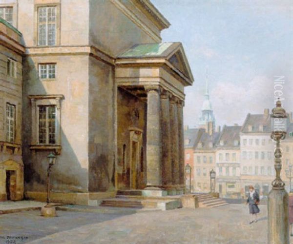 Spadserende Pige Ud For Christianborg Slotskirke Oil Painting by Axel Johansen