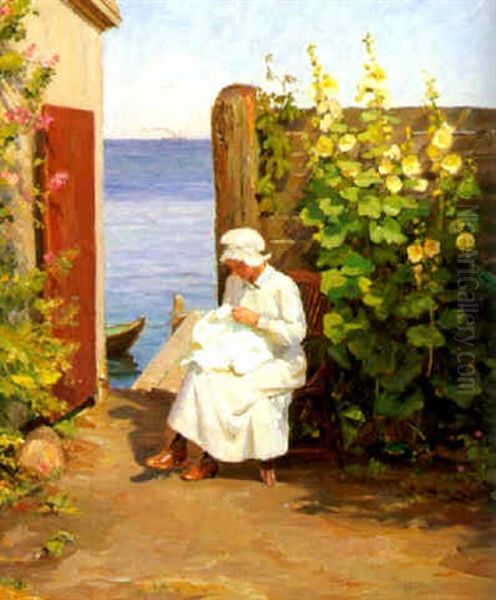 Kvinde I Hvid Kjole Siddende I En Gardhave I Baggrunden Havet Oil Painting by Axel Johansen