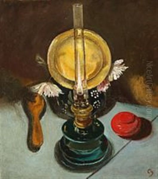 Opstilling Med Lampe Oil Painting by Claus Johansen