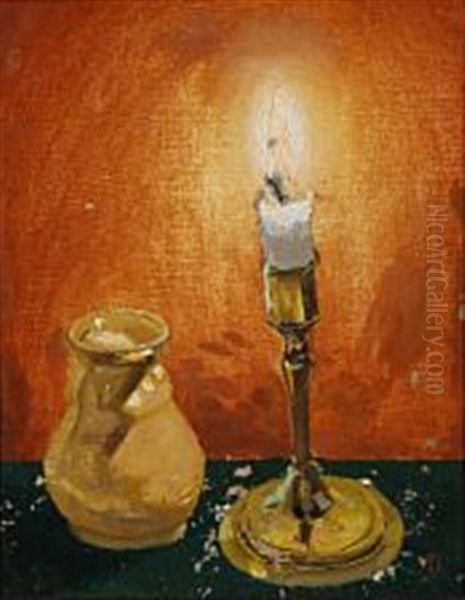 Still Life With Candle And Jar Oil Painting by Claus Johansen