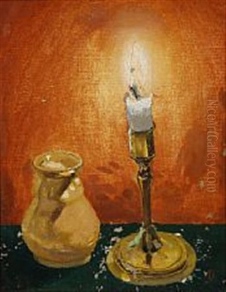 Still Life With Candle And Jar Oil Painting by Claus Johansen