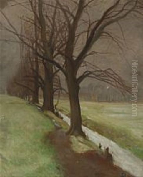 Trees By The Ditch, Overcast Oil Painting by Claus Johansen