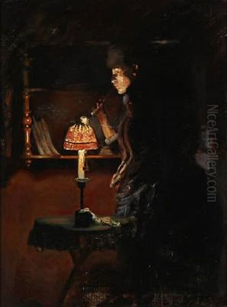 Interior With A Woman Who Lights Her Cigarette By A Lamp Oil Painting by Fridolin Hans Johansen