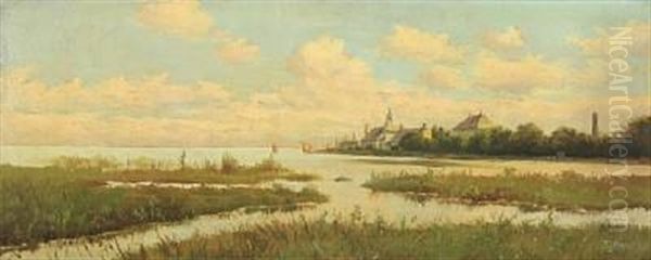 Coastal Scenery With Houses And A Church Oil Painting by Fridolin Hans Johansen