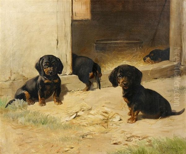 Dackelwelpen Oil Painting by Fridolin Hans Johansen