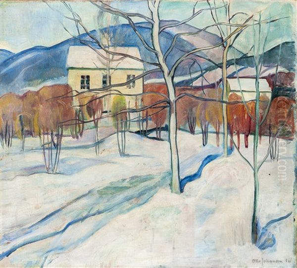 Vinterlandskap Med Hus, Lillehammer Oil Painting by Otto Emil Johansen