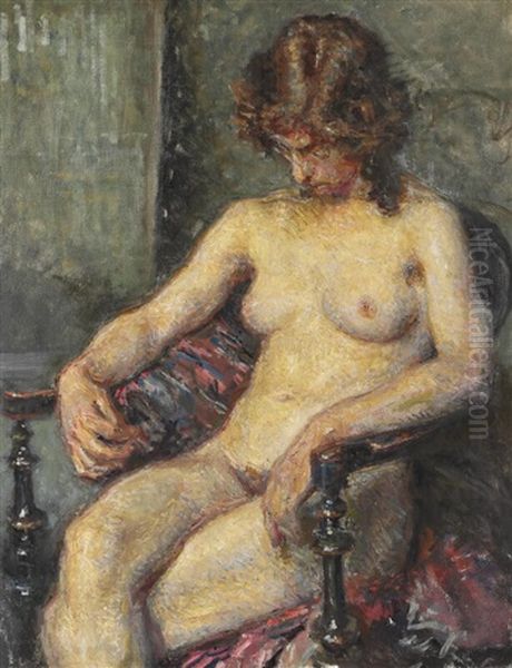 A Nude Female Model Sitting On A Chair Oil Painting by Viggo Johansen