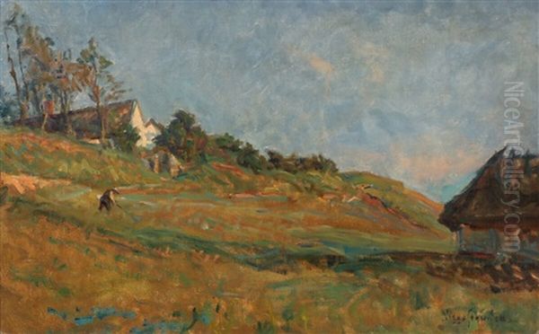 Landscape With A Fieldworker Oil Painting by Viggo Johansen