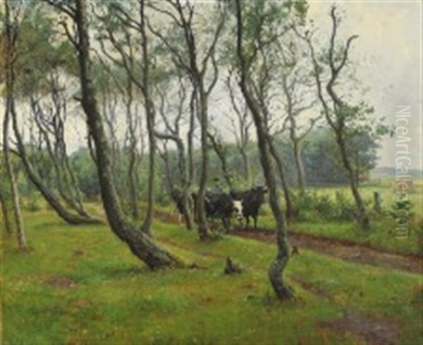 A Shepherd With Cows In The Outskirts Of The Forest, Skagen Oil Painting by Viggo Johansen