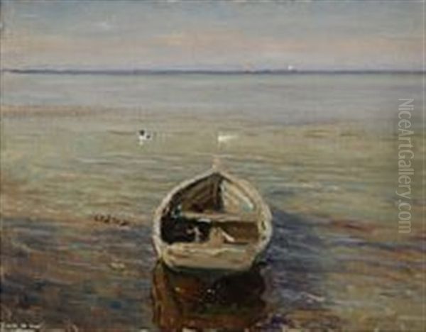 View From A Beach With A Rowing Boat And Ducks Oil Painting by Viggo Johansen